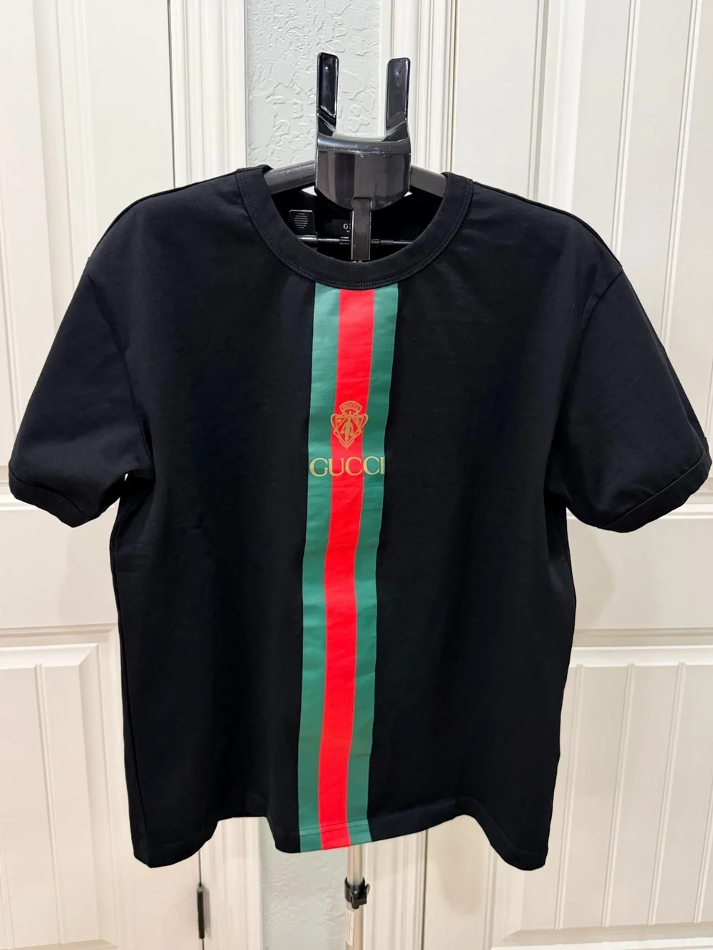 Gucci Black Tee with Signature Green and Red Center Stripe